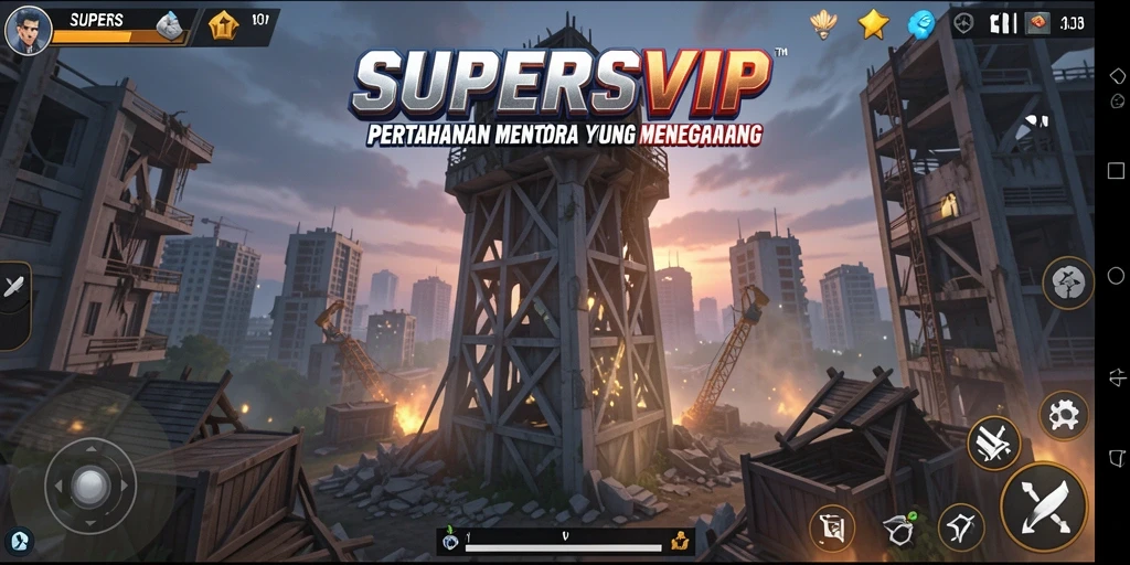 Screenshot gameplay SUPERSVIP menampilkan strategi menara yang menarik.